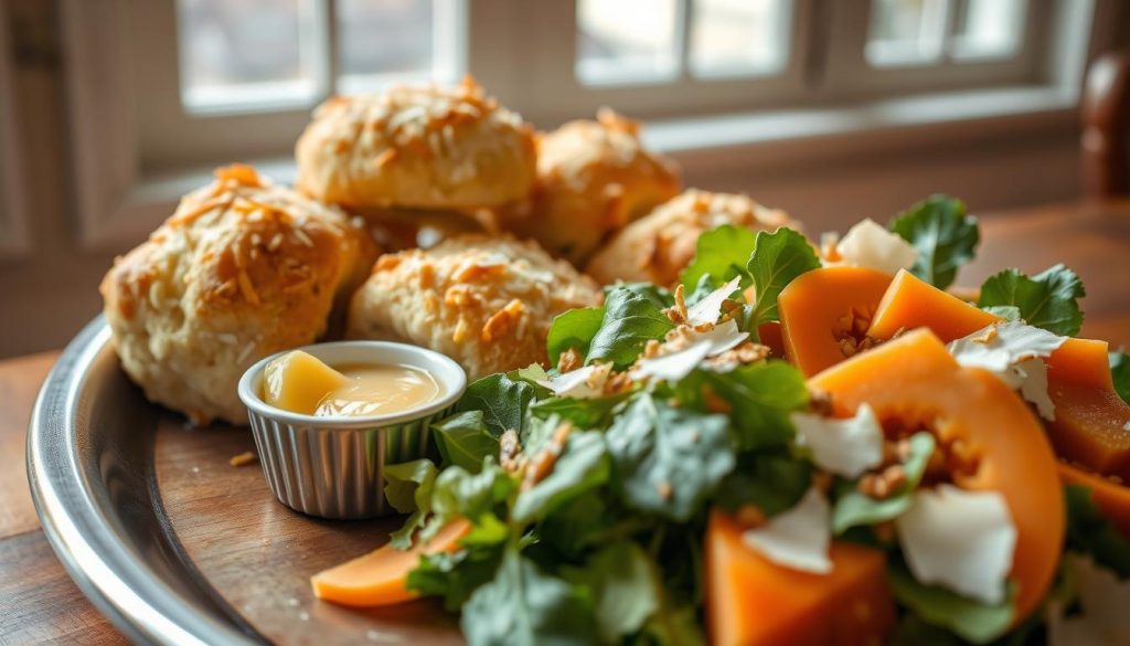 Starters: Coconut-Papaya Scones, Honey Butter, and Fresh Salad