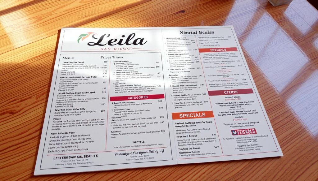 Leila San Diego prices menu categories and special offers