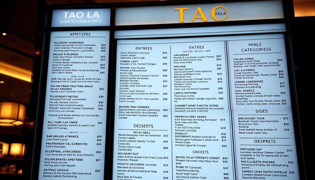 TAO LA dinner prices menu categories breakdown